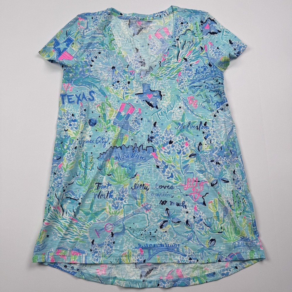 Lilly Pulitzer Shirt Womens XS Blue Texas Map Print V Neck Short Sleeve Tunic
